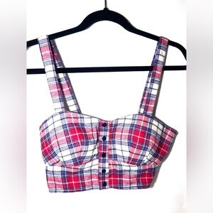 Forever 21 Plaid Flannel Crop Top Bralette Red, White, Blue Large